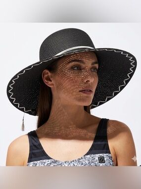 Nobia Women’s Wide Brim Straw Sun Hat Black White Zig Zag Tassel One Size